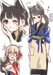  2girls absurdres animal_ears bangs black_hair blonde_hair blue_kimono cheek_poking commentary_request hair_ribbon hand_on_another&#039;s_cheek hand_on_another&#039;s_face highres inoue_takina japanese_clothes kimono light_blush long_hair lycoris_recoil medium_hair multiple_girls nishikigi_chisato o_o oekaki_aoba one_eye_closed open_mouth petting poking purple_eyes red_kimono ribbon simple_background sweatdrop translation_request twintails white_background 