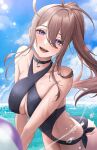  1girl ball banned_artist beachball black_one-piece_swimsuit blue_eyes blue_sky blush breasts brown_hair cloud covered_navel crescent_necklace expulse fangs jewelry large_breasts long_hair nana_(kurisustinah) necklace ocean open_mouth original sky solo swimsuit 