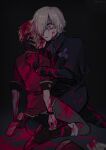  2boys andrew_kreiss black_gloves blonde_hair blood blood_in_hair blood_on_arm blood_on_clothes blood_on_face blood_on_hands blurry capelet death deep_wound film_grain flower gloves hug identity_v injury iris_(flower) kneeling long_sleeves male_focus multiple_boys open_mouth pink_blood pink_eyes pool_of_blood purple_flower shaded_face short_hair short_sleeves tendenbarabara torn_clothes twitter_username victor_grantz watch white_hair wide-eyed wristwatch 