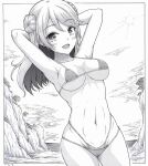  1girl armpits arms_behind_head bikini breasts cleavage double_bun h2_(h20000000) hair_bun kantai_collection large_breasts looking_at_viewer medium_hair micro_bikini navel open_mouth outdoors rock smile solo sun swimsuit traditional_media urakaze_(kancolle) 