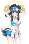  1girl absurdres bare_shoulders black_hair blue_archive blue_eyes blush breasts cheerleader cowboy_shot half-closed_eyes halo hibiki_(cheerleader)_(blue_archive) highres hrna looking_at_viewer midriff navel panties panty_peek pom_pom_(cheerleading) simple_background skirt underwear white_background 