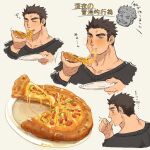  2boys bara black_eyes black_hair black_sweater blush closed_eyes closed_mouth commentary_request dagon_(housamo) eating food highres holding holding_food holding_pizza holding_plate licking licking_finger long_sideburns male_focus master_3_(housamo) multiple_boys muscular muscular_male open_mouth pizza pizza_slice plate pmlial short_hair sideburns smile sweater thick_eyebrows tokyo_afterschool_summoners twitter_username upper_body variations white_background 