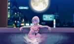  1girl absurdres bangs breasts city cyberpunk cyberpunk_(series) cyberpunk_edgerunners david_martinez highres lucy_(cyberpunk) melkcoffee moon nude pool purple_eyes sad science_fiction short_hair solo speech_bubble water 