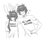  2boys :d black_sclera bunny_ears_prank clothes_writing colored_sclera cropped_torso english_text greyscale highres horns large_ears matemi monochrome multiple_boys original sexually_suggestive shirt short_hair short_sleeves simple_background smile sparkle t-shirt white_background yaoi 