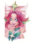  1girl artist_name bangs bare_shoulders bow cropped_torso detached_wings gem green_bow green_eyes green_hair grin league_of_legends multicolored_hair neeko_(league_of_legends) official_alternate_costume parted_bangs peghmey pink_background pink_lips shoulder_tattoo smile solo star_guardian_neeko star_tattoo tattoo teeth two-tone_hair wings 