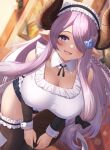  1girl absurdres akagane_mic alternate_costume blue_eyes blush braid breasts brown_thighhighs cleavage draph dutch_angle enmaided granblue_fantasy hair_ornament hair_over_one_eye hairclip highres holding holding_tray horns large_breasts leaning_forward legwear_garter long_hair low-tied_long_hair maid maid_headdress narmaya_(granblue_fantasy) open_mouth pink_pupils pointy_ears purple_hair sidelocks smile solo thighhighs tray very_long_hair wrist_cuffs 
