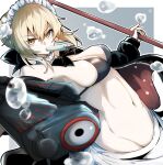  1girl artoria_pendragon_(fate) black_sweater fate/grand_order fate_(series) food gin_moku hairband holding looking_at_viewer mouth_hold navel popsicle ribbon saber_alter sweater swimsuit water water_gun 