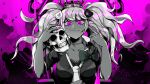  1girl bangs bear bow bra breasts cleavage collarbone crown danganronpa:_trigger_happy_havoc danganronpa_(series) enoshima_junko hands_up hat highres large_breasts long_hair milyoasis nail_polish necktie pink_background pink_eyes pink_nails shiny shiny_hair shirt short_sleeves skull solo top_hat twintails underwear upper_body 