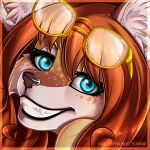  anthro canid canine eyewear female fluffy_ears fox freckles fur glasses green_eyes hair hi_res long_hair mammal open_mouth open_smile red_body red_fur red_hair smile solo sunglasses volodyanocturne 