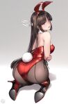  1girl animal_ears artist_logo ass breasts brown_hair crossed_arms detached_collar fake_animal_ears fake_tail from_behind highres hiyou_(kancolle) kantai_collection kneeling large_breasts leotard long_hair looking_back open_mouth playboy_bunny red_eyes red_footwear red_leotard rokuwata_tomoe simple_background solo tail very_long_hair white_background 