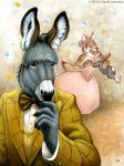  anthro asinus bow_tie canid canine canis clothing coyote donkey dress equid equine female group kyoht_luterman lagomorph leporid male mammal rabbit trio 