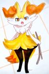  absurdres animal_ear_fluff animal_ears arms_at_sides black_fur braixen digitigrade fangs fox_ears fox_tail full_body furry gourunn grid_background highres holding holding_stick looking_at_viewer multicolored_fur open_mouth orange_eyes orange_fur pokemon pokemon_(creature) red_nose signature simple_background slit_pupils snout solo standing stick tail traditional_media tsurime white_fur yellow_fur 