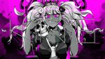 1girl bangs bear bow bra breasts cleavage collarbone crown danganronpa:_trigger_happy_havoc danganronpa_(series) enoshima_junko grin hands_up hat highres large_breasts long_hair milyoasis nail_polish necktie pink_background pink_eyes pink_nails shiny shiny_hair shirt short_sleeves skull smile solo teeth top_hat twintails underwear upper_body 
