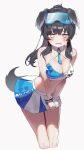  1girl absurdres animal_ears bare_shoulders blue_archive blush breasts bright_pupils cheerleader cleavage collarbone cropped_legs dog_ears dog_girl dog_tail eyewear_on_head frown grey_eyes halterneck hibiki_(blue_archive) hibiki_(cheerleader)_(blue_archive) highres jitome large_breasts leaning_forward looking_at_viewer lovelyme midriff open_mouth pleated_skirt ponytail simple_background skirt skirt_tug solo star_(symbol) sticker_on_face tail v_arms wavy_mouth white_pupils 