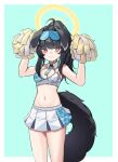  1girl animal_ears bare_shoulders black_hair blue_archive blue_background blue_eyes breasts cheerleader cleavage cowboy_shot crop_top dog_ears dog_girl dog_tail eyewear_on_head goggles goggles_on_head halo hibiki_(blue_archive) hibiki_(cheerleader)_(blue_archive) highres holding holding_pom_poms medium_breasts midriff pom_pom_(cheerleading) ponytail sidelocks simple_background sticker_on_face tail twintails zuomunan 