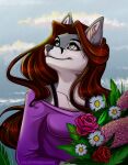  anthro bouquet canid canine canis closed_smile dream female flower grey_eyes hair hi_res leaf long_hair mammal nature nature_background plant red_hair renita rose_(flower) sky smile solo volodyanocturne wolf 