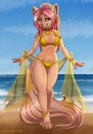  anthro beach breasts canid canine clothing collar crystal dreadlocks ear_piercing ear_ring female fox gold_(metal) gold_jewelry gold_piercing hair hi_res jewelry long_hair long_tail mammal nipple_piercing nipples nubia piercing pink_hair ring_piercing seaside sitting sky solo swimwear volodyanocturne 