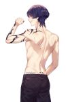  1boy arm_tattoo back_tattoo bangs black_nails closed_mouth from_behind genshin_impact highres instagram_username male_focus mitsudomoe_(shape) purple_eyes purple_hair rourouki scar scar_on_back scaramouche_(genshin_impact) short_hair simple_background smile smug solo standing tattoo tomoe_(symbol) topless_male tramp_stamp twitter_username white_background 