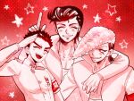  3boys :d arm_up armband bangs closed_eyes collarbone danganronpa:_trigger_happy_havoc danganronpa_(series) facing_viewer grin hand_up ishimaru_kiyotaka jacket long_sleeves male_focus multiple_boys nakano_(p-geist) oowada_daiya oowada_mondo pompadour red_background shirt smile star_(symbol) teeth tongue upper_body 