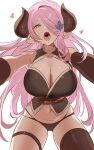  1girl bare_shoulders black_gloves black_panties blue_eyes braid breasts brown_thighhighs cleavage crown_braid draph elbow_gloves girl_on_top gloves granblue_fantasy hair_ornament hairclip heart horns large_breasts long_hair looking_at_viewer narmaya_(granblue_fantasy) navel oh_(aung_ae) panties pink_hair pointy_ears saliva_drip simple_background single_thighhigh solo thigh_strap thighhighs tongue tongue_out underwear very_long_hair white_background 