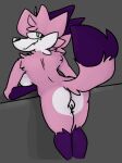  anthro anus blush breasts butt butt_focus canid canine eyelashes fangs female fennec fox fur genitals green_eyes hair horn looking_at_viewer looking_back mammal markings mdctoby12 nude pink_body pink_fur presenting presenting_hindquarters purple_body purple_fur pussy raised_tail simple_background smile smug solo white_body white_fur 