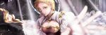  1girl arch_bishop_(ragnarok_online) bare_tree blonde_hair breasts brown_dress cleavage cleavage_cutout clothing_cutout cross dress halo highres holding holding_staff indoors large_breasts light_rays lips looking_at_viewer love_morocc open_mouth ragnarok_online reaching_out ruins short_hair solo sparkle staff sunbeam sunlight tree two-tone_dress upper_body white_dress window yellow_eyes 