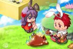  1boy 1girl :t alternate_color animal_ears bangs blue_sky board_game bow brown_dress cape chibi closed_mouth cloud commentary_request creator_(ragnarok_online) crop_top curry dress eating fake_animal_ears fingerless_gloves food full_body fur-trimmed_shirt fur_trim gloves go_(board_game) hair_bow holding holding_plate in-universe_location lily_pad long_hair love_morocc open_mouth outdoors pants plate purple_eyes purple_hair rabbit_ears ragnarok_online red_bow red_cape red_eyes red_gloves red_hair red_pants shirt short_dress short_hair sitting sky sleeveless sleeveless_shirt slime_(creature) smile sweatdrop vambraces vanilmirth_(ragnarok_online) white_shirt whitesmith_(ragnarok_online) 
