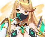  1girl bangs bare_shoulders blonde_hair breasts chest_jewel circlet cleavage cleavage_cutout clothing_cutout dress elbow_gloves gloves large_breasts long_hair looking_at_viewer mask mythra_(xenoblade) solo swept_bangs two-tone_background upper_body white_background white_dress white_gloves xenoblade_chronicles_(series) xenoblade_chronicles_2 yamushinhan yellow_background yellow_eyes 