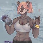  abs anthro bra breasts brown_body brown_fur cellphone cleavage clothed clothing docfurpanic dumbbell earbuds exercise female fur headphones hi_res listening_to_music mammal muscular muscular_anthro muscular_female narrowed_eyes phone smartphone solo sports_bra underwear ursid weightlifting weights workout yellow_eyes 