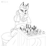  anthro canid canine chess clothed clothing crown dress female fox foxenawolf furniture greyscale mammal monochrome nakhta queen royalty sitting smile smirk solo stool table video_recording 
