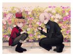  2boys albino andrew_kreiss bags_under_eyes belt black_gloves blonde_hair blush bush capelet closed_mouth cross_scar flower full_body gloves green_neckerchief hair_over_one_eye hat holding holding_flower identity_v kneeling long_sleeves looking_at_another male_focus multiple_boys neckerchief pink_flower purple_flower red_eyes red_headwear scar scar_on_cheek scar_on_face short_hair short_sleeves smile stitched_mouth stitches sweat tendenbarabara twitter_username victor_grantz watch white_hair wristwatch yellow_eyes 