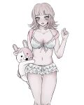  1girl :o backpack bag ban_(6v6ioio) bangs bikini blush breasts cleavage collarbone diaper ear_bow feet_out_of_frame flipped_hair galaga hair_ornament hand_up highres large_breasts layered_bikini looking_at_viewer medium_hair mole mole_on_breast monomi_(danganronpa) nanami_chiaki navel official_alternate_costume pink_eyes shiny shiny_skin simple_background solo standing stomach swimsuit teeth upper_teeth white_background white_bikini 