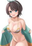  1girl 9696k :d absurdres bangs bikini blue_eyes blue_hairband blush breasts brown_hair cleavage collarbone commentary cowboy_shot fang green_jacket hairband highres hololive jacket looking_at_viewer medium_breasts navel official_alternate_costume oozora_subaru open_clothes open_jacket open_mouth orange_bikini parted_bangs polka_dot polka_dot_hairband short_hair simple_background skin_fang smile solo standing stomach string_bikini striped striped_bikini swept_bangs swimsuit virtual_youtuber white_background 