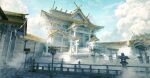  absurdres architecture blue_sky building cloud cloudy_sky day east_asian_architecture fog gold_trim highres hisamesy no_humans original outdoors railing scenery shrine sky stairs stone_lantern 