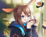  1girl amiya_(arknights) animal_ears arknights bangs black_jacket blue_eyes blurry blurry_background blush brown_hair closed_mouth commentary_request cup depth_of_field drink hair_between_eyes hands_up highres holding holding_cup hood hood_down hooded jacket long_hair long_sleeves looking_away puffy_long_sleeves puffy_sleeves rabbit_ears sallyzaemon signature sleeves_past_wrists solo tongue tongue_out transparent upper_body 