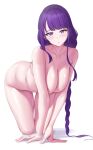  1girl absurdres all_fours braid braided_ponytail breasts closed_mouth completely_nude demian_221 full_body genshin_impact highres large_breasts long_hair looking_at_viewer nude purple_eyes purple_hair raiden_shogun raised_eyebrows simple_background very_long_hair white_background 