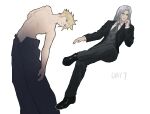  2boys absurdres alternate_costume baggy_pants bangs black_footwear black_jacket blonde_hair blue_eyes chicken_movement cloud_strife collared_shirt dress_shoes feet_out_of_frame final_fantasy final_fantasy_vii final_fantasy_vii_remake formal full_body green_eyes grey_hair grey_necktie grey_pants hair_between_eyes half-closed_eyes hand_to_own_mouth highres jacket leaning_back long_hair long_sleeves looking_at_viewer looking_to_the_side male_focus multiple_boys necktie open_fly pants parted_bangs pectorals sephiroth shirt short_hair sitting slit_pupils smile spiked_hair suit_jacket topless_male waistcoat white_background white_shirt 