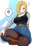  1girl ? absurdres android_18 belt black_pantyhose blonde_hair blue_eyes blue_skirt boots breasts brown_belt brown_footwear dragon_ball dragon_ball_z expressionless highres large_breasts nia_(nia4294) pantyhose short_hair skirt solo spoken_question_mark thick_thighs thighs 