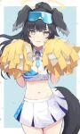  1girl angel animal_ears bangs bare_shoulders black_hair blue_archive blue_background blush border breasts cheerleader cleavage cowboy_shot crop_top dog_ears dog_girl dog_tail eyewear_on_head goggles goggles_on_head halo hands_up hibiki_(blue_archive) hibiki_(cheerleader)_(blue_archive) highres holding holding_pom_poms long_hair looking_at_viewer medium_breasts midriff miniskirt navel open_mouth pleated_skirt pom_pom_(cheerleading) ponytail shigi_(shigi_4) shirt skirt sleeveless sleeveless_shirt solo standing tail thighhighs white_skirt 