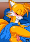  anus balls bed bed_sheet bedding butt eyes_closed flushed fur furniture genitals girly hi_res male miles_prower penis pillow sega sirjzau sleeping solo sonic_the_hedgehog_(series) tired yellow_body yellow_fur 