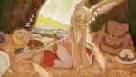  1boy 1girl 1other animal_ears backpack bag blonde_hair brown_hair grey_hair hay highres jvzhang made_in_abyss nanachi_(made_in_abyss) rabbit_ears rabbit_tail regu_(made_in_abyss) riko_(made_in_abyss) sleeping sleeping_on_person snoring tail 