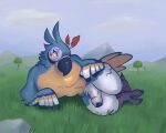  anthro avian beak bird blue_body blue_feathers breath_of_the_wild erection feathers foreskin genitals grass hi_res kass_(tloz) looking_up lying male nintendo nude on_side outside penis plant rito sexylinguini solo the_legend_of_zelda video_games white_body white_feathers yellow_body yellow_feathers 