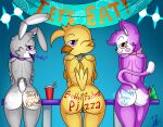  2021 animatronic anthro avian beak bib big_butt bird black_nose breasts brown_eyes buckteeth butt chica_(fnaf) chicken cindy_(fnac) clothing container cup dialogue digital_media_(artwork) domestic_cat eyebrows eyelashes fangame fazbear_fanverse felid feline felis female five_nights_at_candy&#039;s five_nights_at_freddy&#039;s furniture galliform gallus_(genus) genitals grey_body grey_hair group group_sex hair hat headgear headwear hi_res lagomorph lechugansfw leporid licking looking_at_viewer looking_back looking_back_at_viewer machine mammal multicolored_body narrowed_eyes open_mouth orange_beak party_hat phasianid pink_bow_tie pink_nose presenting presenting_hindquarters purple_body purple_bow_tie purple_eyes purple_hair pussy rabbit rachel_the_rabbit_(tnar) ribbons robot scottgames sex simple_background table teeth text those_nights_at_rachel&#039;s tongue tongue_out video_games white_body writing_on_butt yellow_body 
