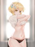  1girl absurdres black_panties blonde_hair blurry blurry_background breasts clothes_lift cowboy_shot flower genshin_impact hair_flower hair_ornament highres lifted_by_self looking_at_viewer lumine_(genshin_impact) navel panties shirt shirt_lift short_hair_with_long_locks short_sleeves solo stomach t-shirt ueng underboob underwear undressing 