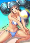  1girl beach_volleyball bikini blue_bikini blue_eyes blue_hair breasts character_name commentary_request dated feet_out_of_frame front-tie_bikini_top front-tie_top isuzu_(kancolle) kantai_collection large_breasts long_hair moke_ro motion_blur side-tie_bikini_bottom solo swimsuit twintails twitter_username volleyball 