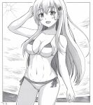  1girl alternate_costume arm_up artist_name bikini border breasts cleavage dated greyscale h2_(h20000000) hair_between_eyes hair_ornament hairclip kantai_collection large_breasts long_hair looking_at_viewer monochrome open_mouth outdoors side-tie_bikini_bottom smile solo suzuya_(kancolle) swimsuit traditional_media very_long_hair white_border 