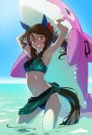  1girl armpits arms_up bikini black_bikini brown_hair ear_covers green_bikini green_sarong grin highres horse_girl horse_tail hp23 inflatable_dolphin inflatable_toy king_halo_(umamusume) long_hair looking_at_viewer navel outdoors partially_submerged red_eyes sarong smile solo standing stomach swimsuit tail teeth two-tone_bikini umamusume water 