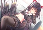  1girl azur_lane blurry blurry_background blush bow breasts commentary_request couch hair_bow highres horns long_hair navel ogamaru one_eye_closed oni_horns open_mouth pantyhose red_eyes sakawa_(azur_lane) sitting solo stomach 