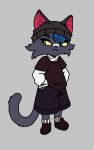  anthro bandage beacon_pines beanie beck_(beacon_pines) black_clothing blue_hair child clothing domestic_cat felid feline felis female fur green_eyes grey_body grey_fur hair hand_in_pocket hat headgear headwear hi_res mammal pockets prussiabook solo yellow_sclera young 