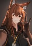  1girl animal_ear_fluff animal_ears arknights black_shirt breasts brown_background brown_eyes brown_gloves brown_hair closed_mouth collared_shirt elbow_gloves fox_ears fox_shadow_puppet franka_(arknights) gloves highres id_card krirk large_breasts long_hair looking_at_viewer selfie shirt simple_background smile solo upper_body 